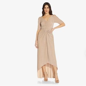 ADRIANNA PAPELL METALLIC KNIT RUCHED LONG HIGH/LOW GOWN IN CHAMPAGNE